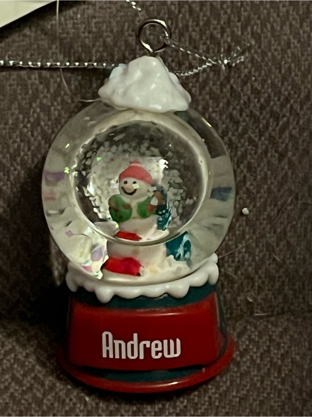 Personalized Andrew Red Snow Globe Ornament with Snowman